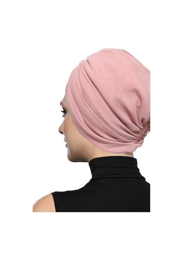 Dizayn Tüllü Kristal Taş İşlemeli Çift Taraflı Astarlı Pudra Hazır Türban Tesettür Abiye Bone Pudra