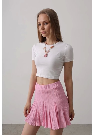 Beli Lastikli Mini Etek - Pembe Pembe