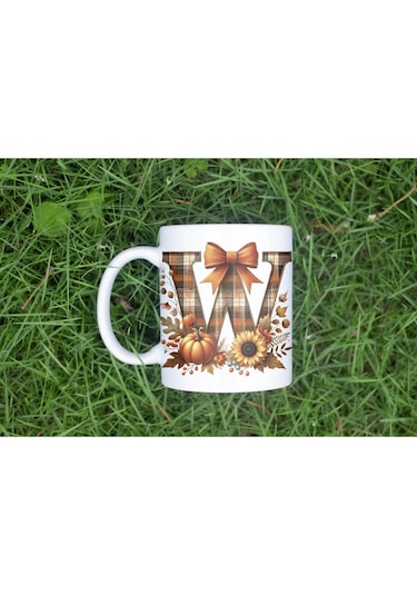 W Harfi Ekose Ve Sonbahar Temalı Kupa Bardak - Kişiye Özel Sıcak Tonlar Alfabe Kupa - Hediye Beyaz