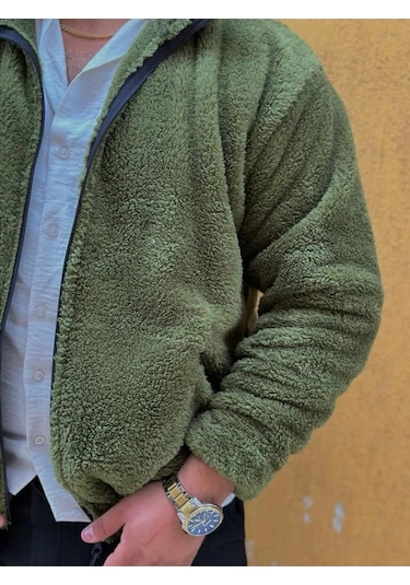 Fifty Color Haki Peluş Dik Yaka Cepleri Fermuarlı Oversize Peluş Ceket Haki
