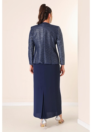 Yaka Taşlı Astarlı Uzun Krep Elbise Pullu Ceket Büyük Beden 2'li Takım-34881-lacivert Lacivert