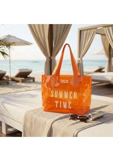 Frelso Şeffaf Plaj Çantası Baskılı Kadın Beach Çanta Turuncu