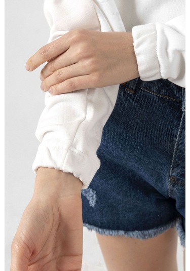 Free Facehugger Hugs Ekru Kadın Crop Kapşonlu Ekru