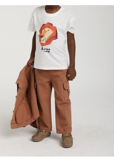 Escabel Erkek Çocuk Aslan Baskılı Pamuklu T-shirt-15598 Ekru