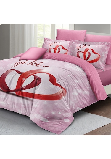MONOHOME Sevgililer Günü Çift Kişilik Nevresim Takımı %100 Pamuk Saten İyiki Sen Çok Renkli