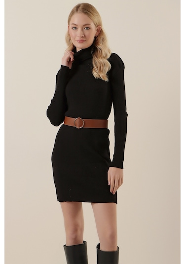 15797 Balıkçı Yaka Triko Elbise - Siyah 001