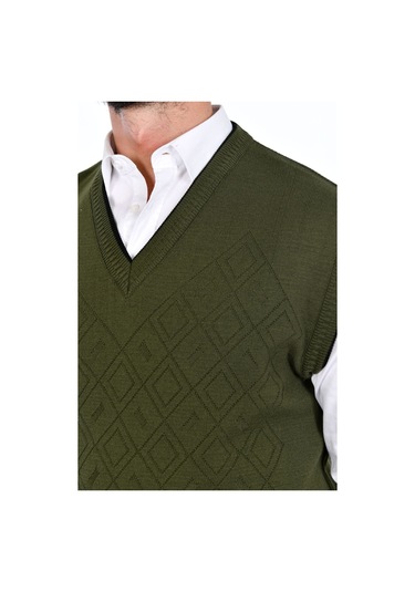 Kamalı Haki Erkek Çelik Örgü Intersiye Kışlık Kalın Triko V Yaka Triko Örgü Tüylenmez Süveter Haki