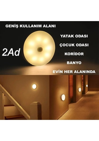 Usb Şarjlı Pır Hareket Sensörlü Gece Lambası Magnet Mıknatıslı 4000k-gün Işığı-2adet Beyaz