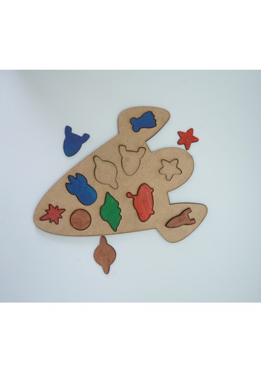 Çocuklar İçin Eğitici Ve Öğretici Ahşap Yapboz Puzzle Bul Tak Uzay Aracı Mekik Roket Gezegenler Uzaylı Stil