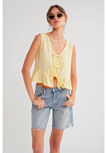 4724 Kadın Çicek Desenli Bağlamalı Müslin Bluz Sarı Sari