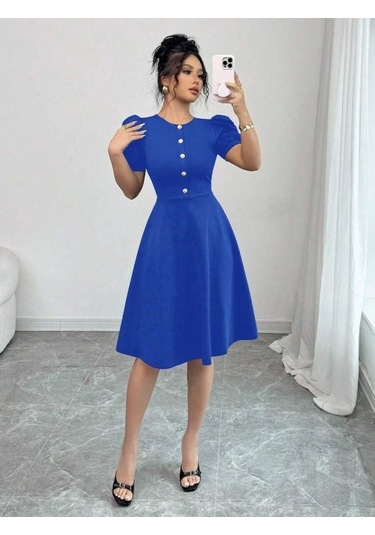 Kadın Kısa Kollu Bisiklet Yaka Önden Düğmeli Ithal Krep Elbise Saks Mavi