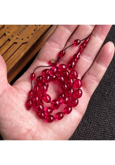 İmzalı 8X11 mm Vişne Ateşi Kehribar Tesbih Usta İşçilikli