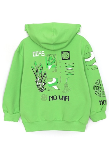 Ön Arka Baskılı Kapüşonlu Erkek Çocuk Mevsimlik Sweatshirt 1990 Yeşil