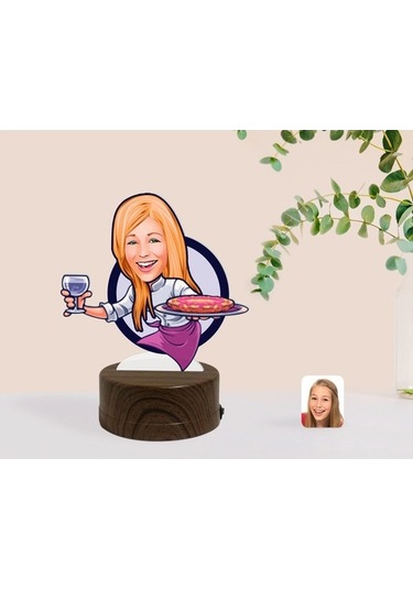 Kişiye Özel Kadın Garson Karikatürlü Dekoratif 3D Biblo Led Işıkl