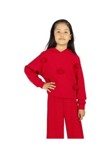 Kız Çocuk Kapüşonlu Ponponlu Sweatshirt-13496 Kırmızı
