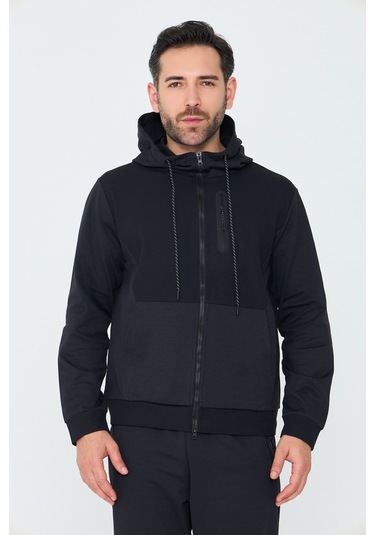 White Stone Siyah Kapüşonlu Fermuarlı Erkek Sweatshirt