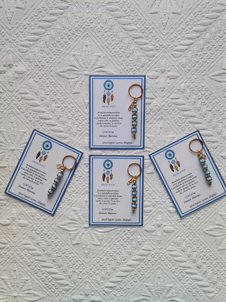 100 Adet Kişiye Özel Nazar Ayeti Sünnet Hatırası Dağıtmalık Hediyelik Mavi Renk Anahtarlık