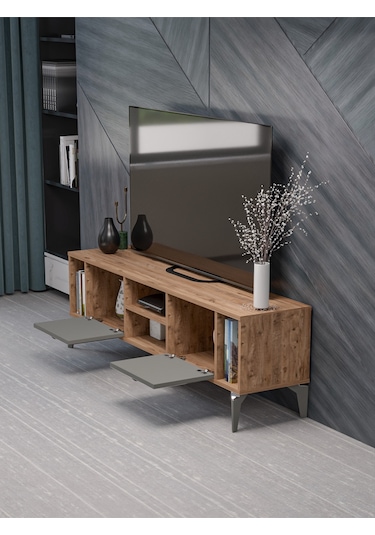 Tv Sehpası 160 Cm Modern Çok Amaçlı Dolaplı Raflı Televizyon Ünitesi Linya Gümüş Ceviz Antrasit