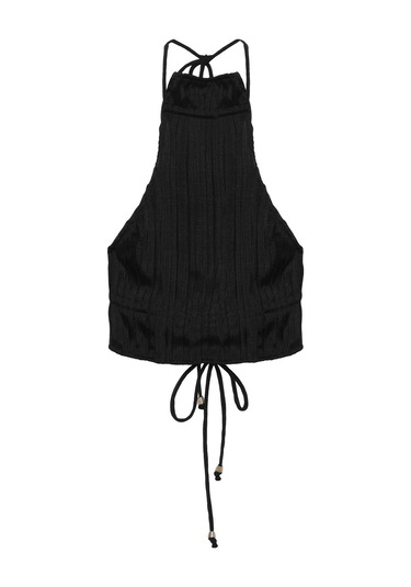 Sırt Bağlamalı Dalgalı Akordiyon Kumaşlı Kolsuz Crop Bağcıklı Yazlık Pantolon Takım Siyah