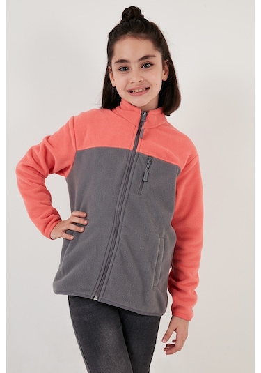 Lela Yumuşak Dokulu Fermuarlı Renk Bloklu Dik Yaka Cepli Hırka Unisex Çocuk Polar 5905001 Somon-Gri