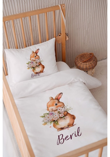 %100 Pamuk Saten Isme Özel Isimli 100x150 Bebek Yatak Nevresim Seti Sincap