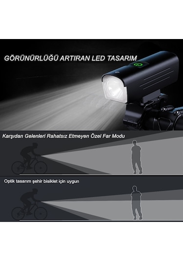 Reidan Bisiklet Ön Far 1000 Lümen Usb Şarjlı Powerbnakli Far Siyah