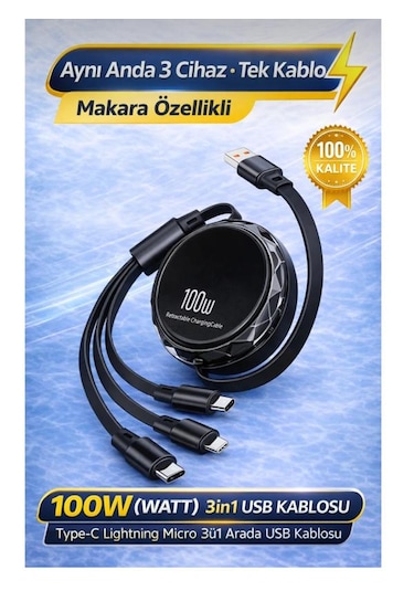 Arenist 100w Watt 3in1 Usb Kablosu Type-c Lightning Micro 3ü1 Arada Usb Kablosu Makara Özellikli