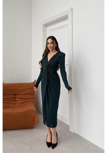 Neşeli Butik Kadın Yeşil Anvelop Büzgülü Simli Premium Midi Elbise Nbelb08 Yeşil