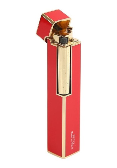 Parmida Slim Kare Metal Çakmak Kırmızı Taşlı Gazlı