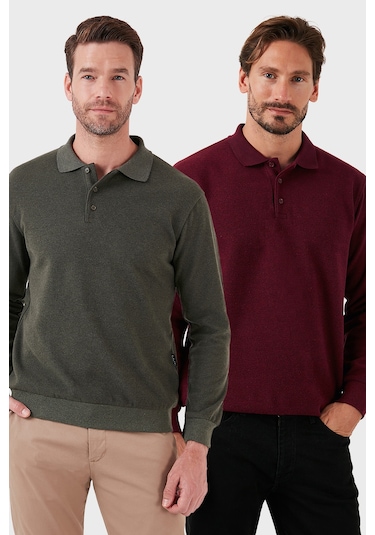 Buratti Pamuk Karışımlı Regular Fit 2'Li Paket Erkek Polo Yaka Kazak 456223S2 Haki-Mürdüm