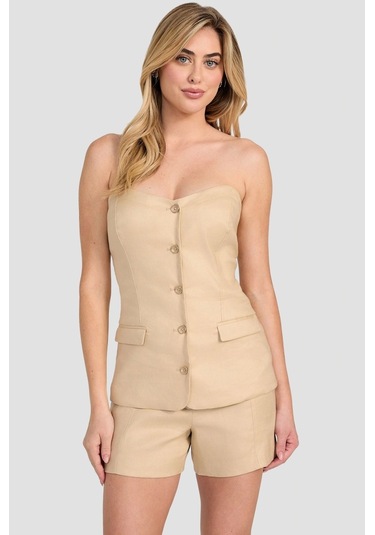 Guess Kadın Bej Keten Bluz Kahverengi