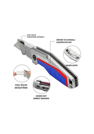 Workpro Wp211012 Ağır Hizmet Alüminyum Gövde Katlanır Rötuş Maket Bıçağı + 10 Adet Yedek Bıçak Fr Wp211012