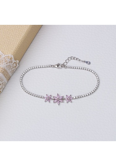 3'lü Çiçek Model Pembe Zirkon Taşlı 925 Ayar Gümüş Kadın Bileklik Gümüş