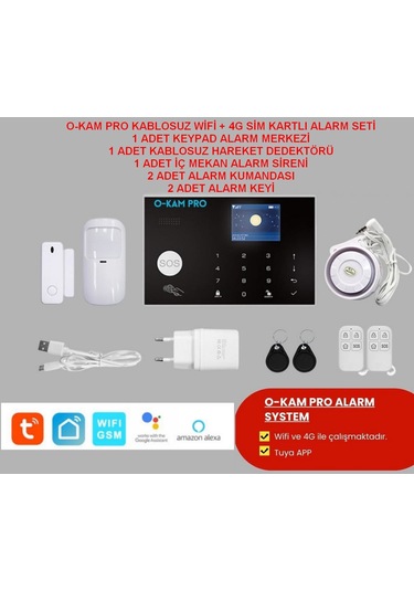 O-kam 3030 Wifi + 4g Sim Kartlı Alarm Seti Keypad+1 Pır+2 Kumanda+1 İç Siren+1 Manyetik