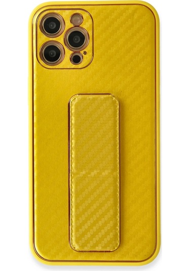 Newface Apple iPhone Uyumlu 12 Pro Max Kılıf Coco Karbon Standlı Kapak Glblseme - 79 - Sarı