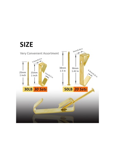 Jeehugo Altın Renkli Duvar Çerçeve Demiri Kanca Seti - 30 Adet 30lb + 20 Adet 50lb Çivi İle Tamamlanmış Toplam 50 Set Diğer