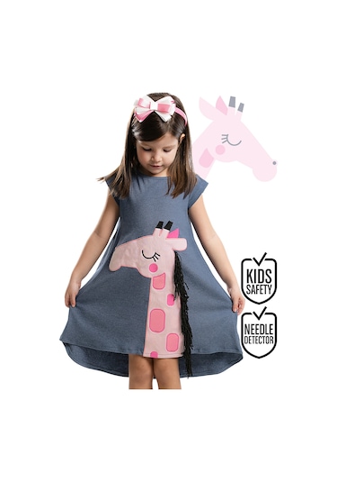 Denokids Pembe Zürafa Kız Çocuk Elbise+saç Bandı Çok Renkli