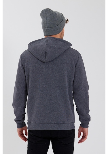 Polostate Erkek Kapüşonlu Baskılı 3 İplik Sweatshirt Antrasit