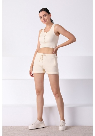 Ferraro Ekru Cepli Kadın Triko Şort Ekru