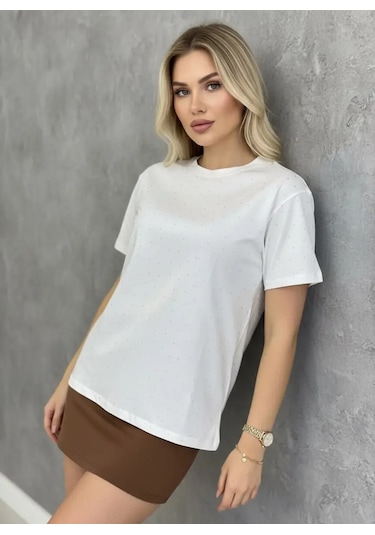 Park Karon 26047 Pamuk Kadın Bisiklet Yaka Taş İşleme Oversize Penye Bluz Ekru