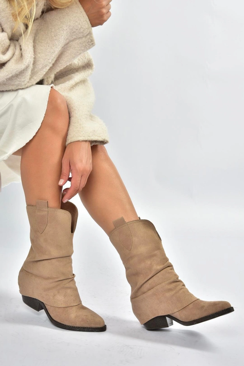 V404041002 Vizon Süet Kalın Topuklu Kadın Bot Vizon-Süet