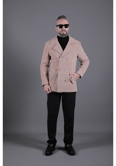 Ohepmoda Desenli Kruvaze Erkek Kaşe Kaban Sütlü Kahve