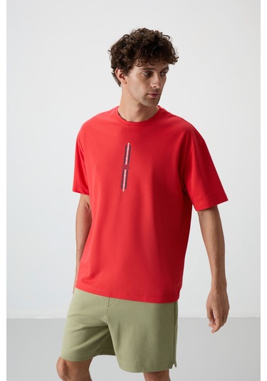 Tommy Life Fiesta Pamuklu Kalın Yüzeyi Dokulu Oversize Fit Baskılı Erkek T-shirt - 88366 Kirmizi