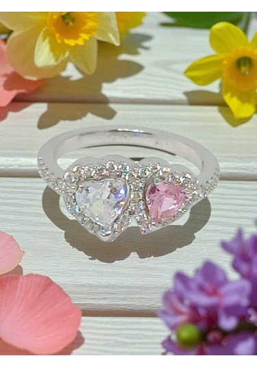 925 Ayar Gümüş Çift Kalpli Pembe Ve Beyaz Taşlı Yüzük Romantik Ve Zarif Tasarım Gümüş