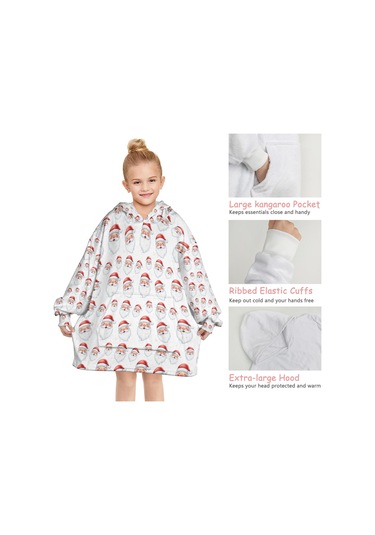 Noel Temalı 6-13 Yaş Çocuk Giyilebilir Battaniye Hoodie, Kalın Peluş, Büyük Boy-a162 Krem - Pembe