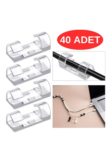 40 Adet Kablo Sabitleyici Yapışkanlı Tutucu Klips Elektrik Kablo