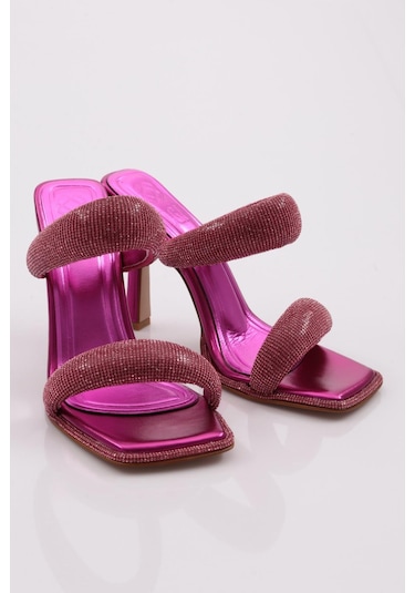 Dgn 2027 Kadin Kalin Silver Taş Bantli Topuklu Terlik 2027-2219-R13775 Fuşya