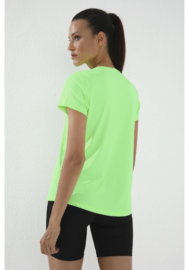 Neon Yeşil Basic Kısa Kol Standart Kalıp O Yaka Kadın T-shirt - 97144 Neon Yeşil