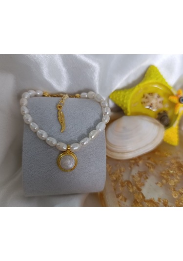 Sedef Dolgulu Altın Kaplama Gerçek İnci Tasarım Bileklik El Yapımı Gold