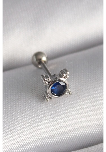 316l Çelik Gümüş Renk Mavi Zirkon Taşlı Tragus Piercing Gümüş